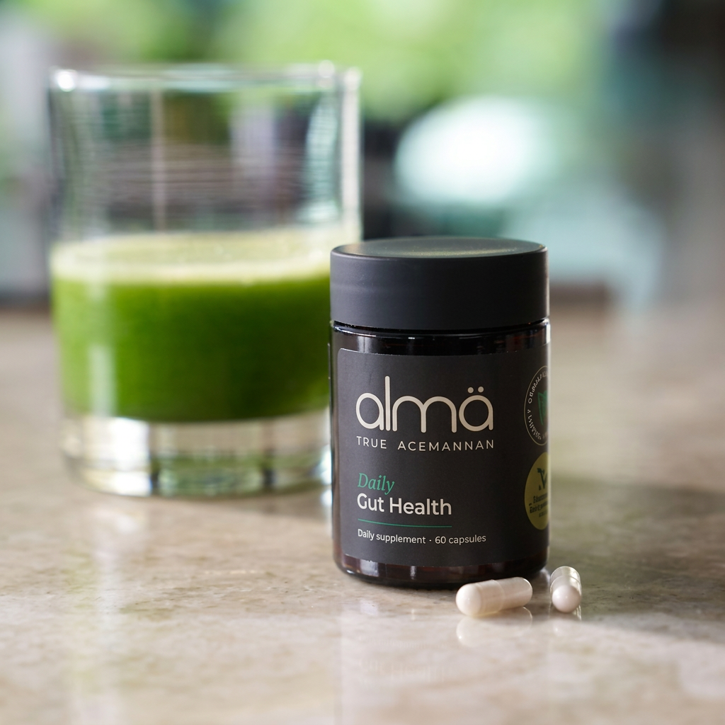 almä Daily Gut Health with a fresh aloe drink